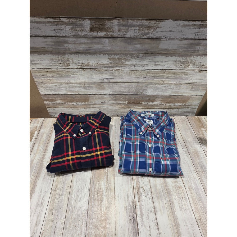 L.L. Bean Mens XXL Tall Plaid Button Down Shirt Bundle Navy Blue Red Flannel